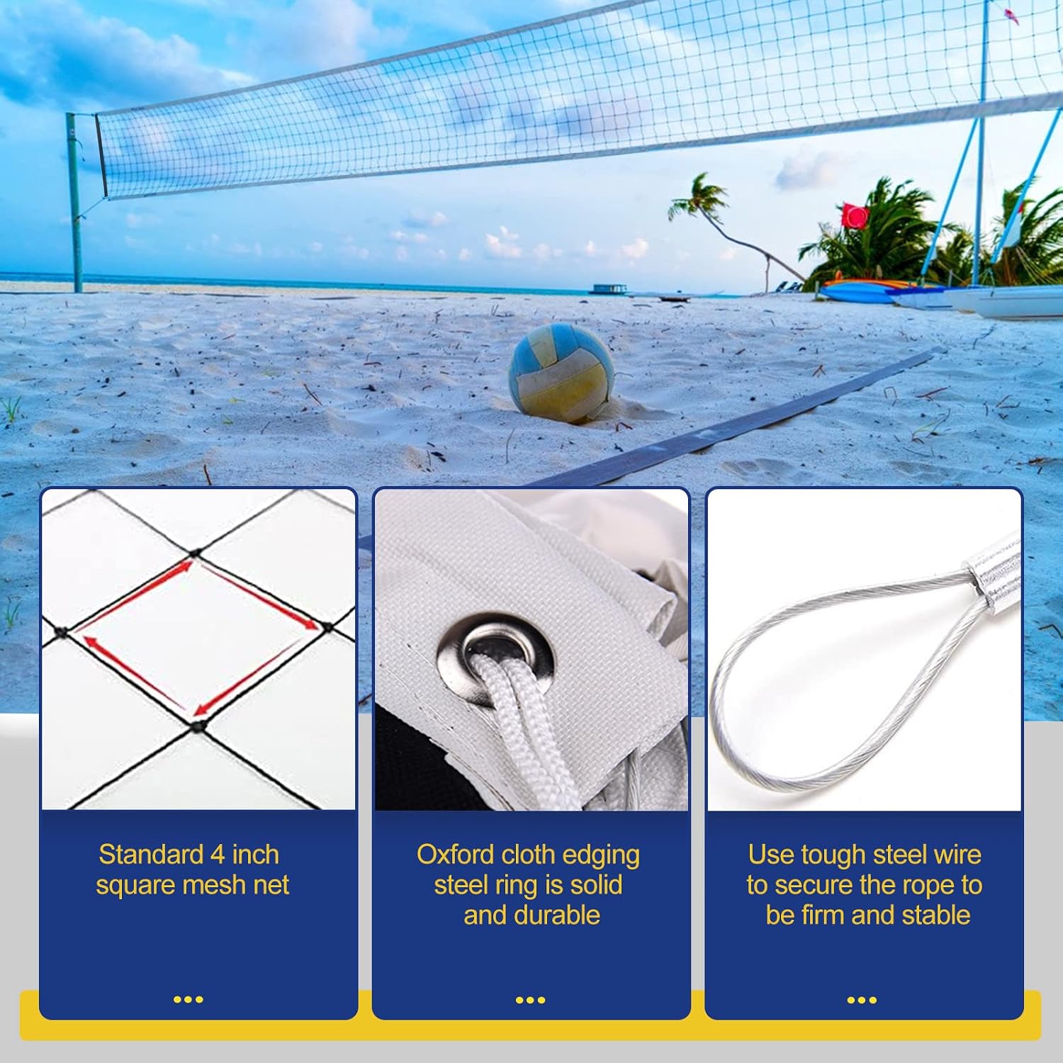 Replacement Professional Sports Volleyball Net with High Strength Cable & Two Side Tape Reinforcement Dowels，4 Inch Square Mesh Heavy-Duty Net for Indoor Outdoor（Standard 3'H x 32'L）