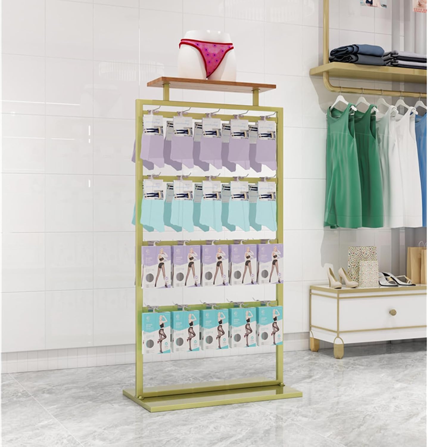 Clothing Store Garment Rack, Freestanding Underwear Rack, 3 Layers Bra Shorts Socks Display Shelf with Top Shelf, Floor-Standing Display Rack