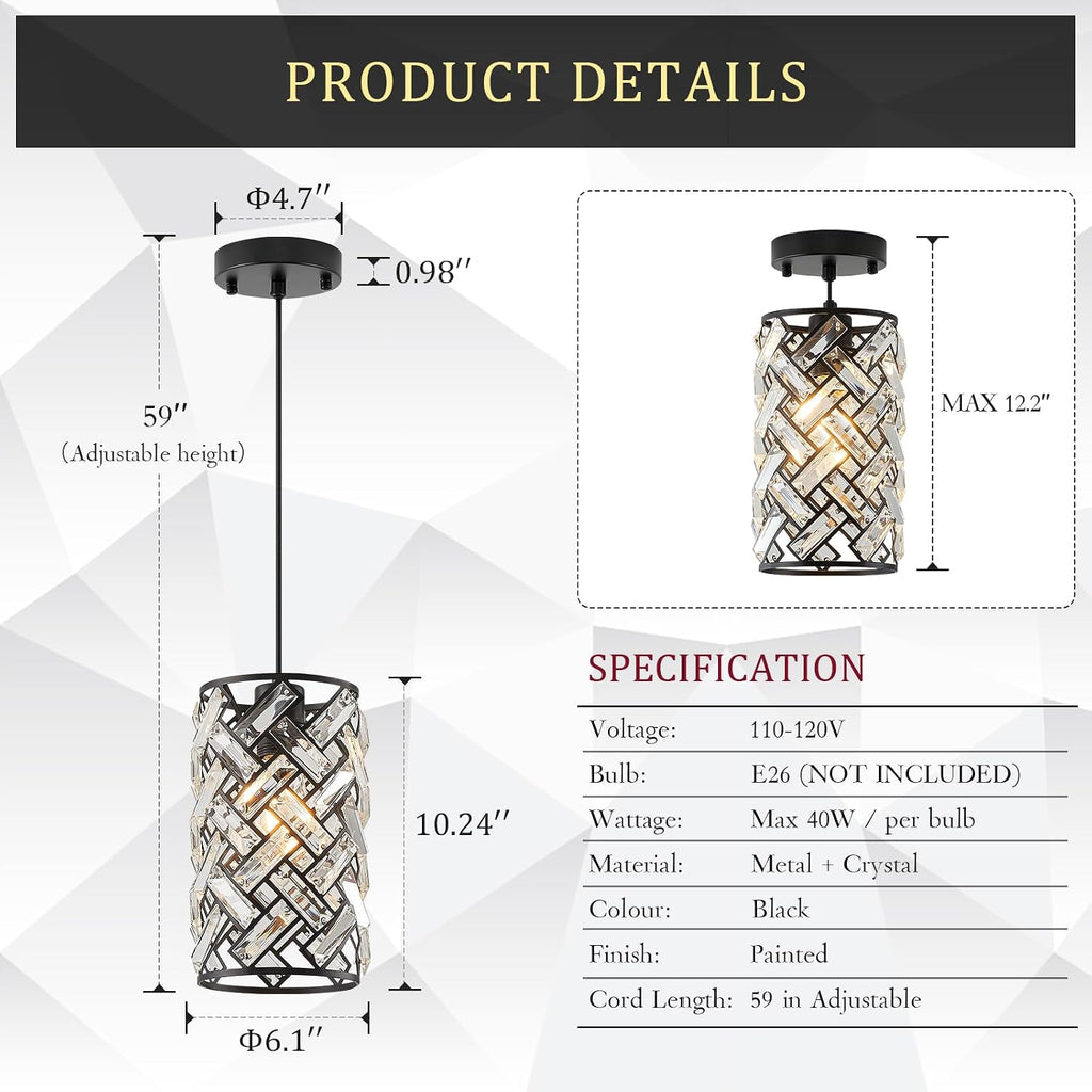CATINER Modern Black Crystal Pendant Light Fixture, Mini Chandelier 3-Pack for Kitchen Island, Dining Room, Living Room, Hallway, Porch, Bedroom Lighting