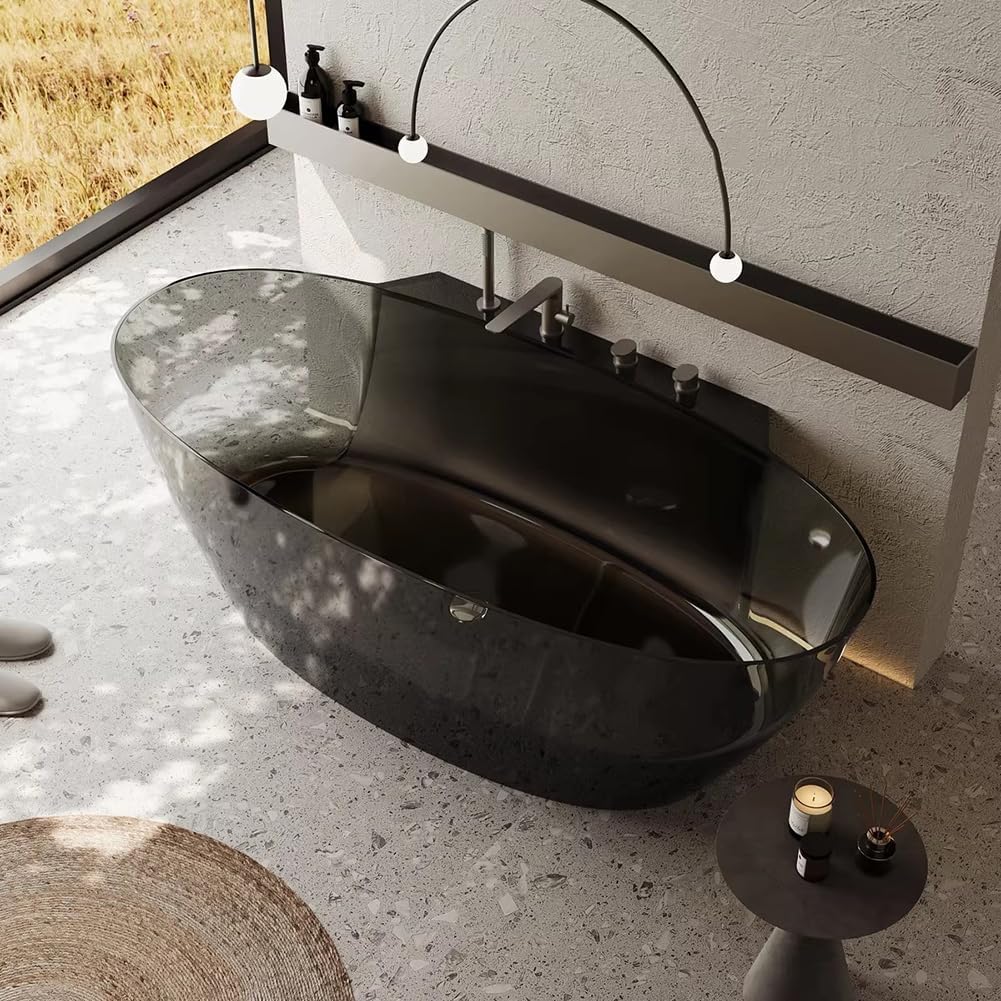 Ergonomic Luxury Spa Bathtub, Oval-Shaped Transparent Resin Tub with Drain, Handcrafted Extra-Deep Tub, Modern Spa Bathroom, 55-70 Inches,F l160cm