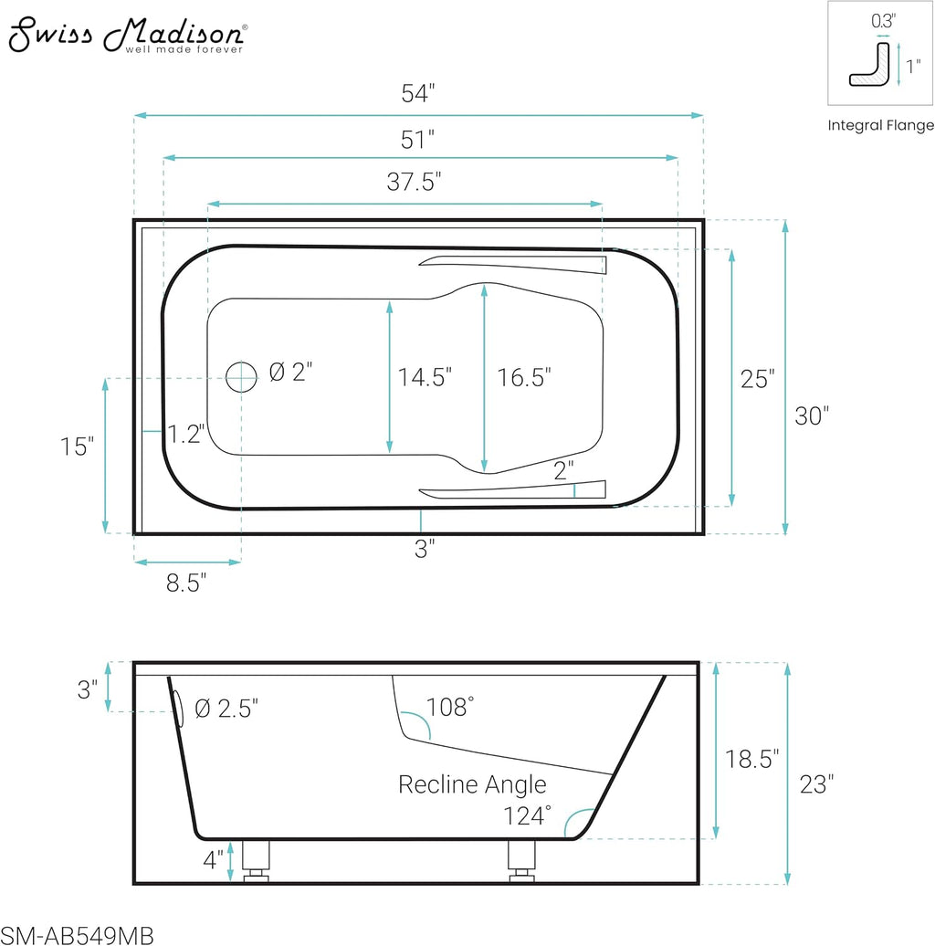 Voltaire 54' x 30' Left-Hand Drain Alcove Bathtub with Apron in Matte Black