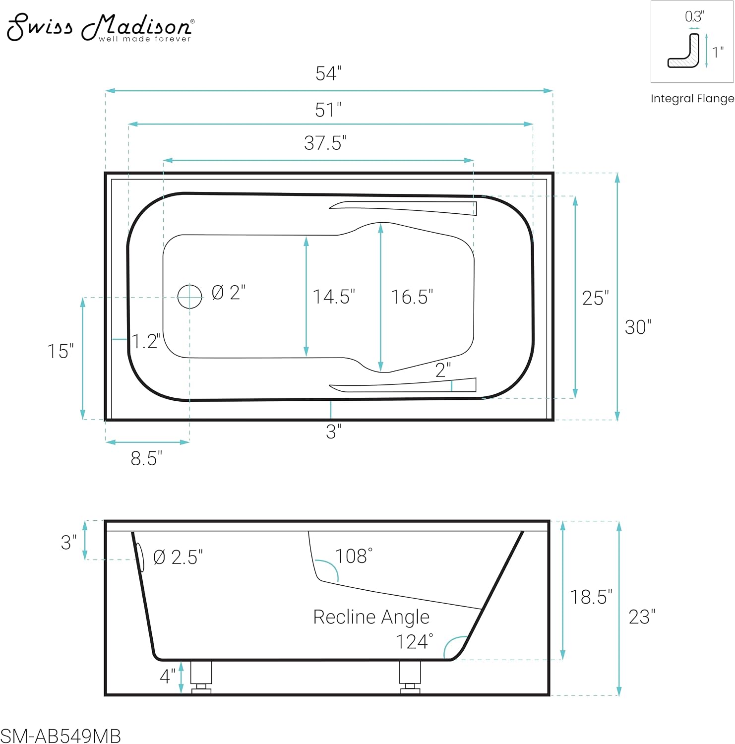 Voltaire 54' x 30' Left-Hand Drain Alcove Bathtub with Apron in Matte Black