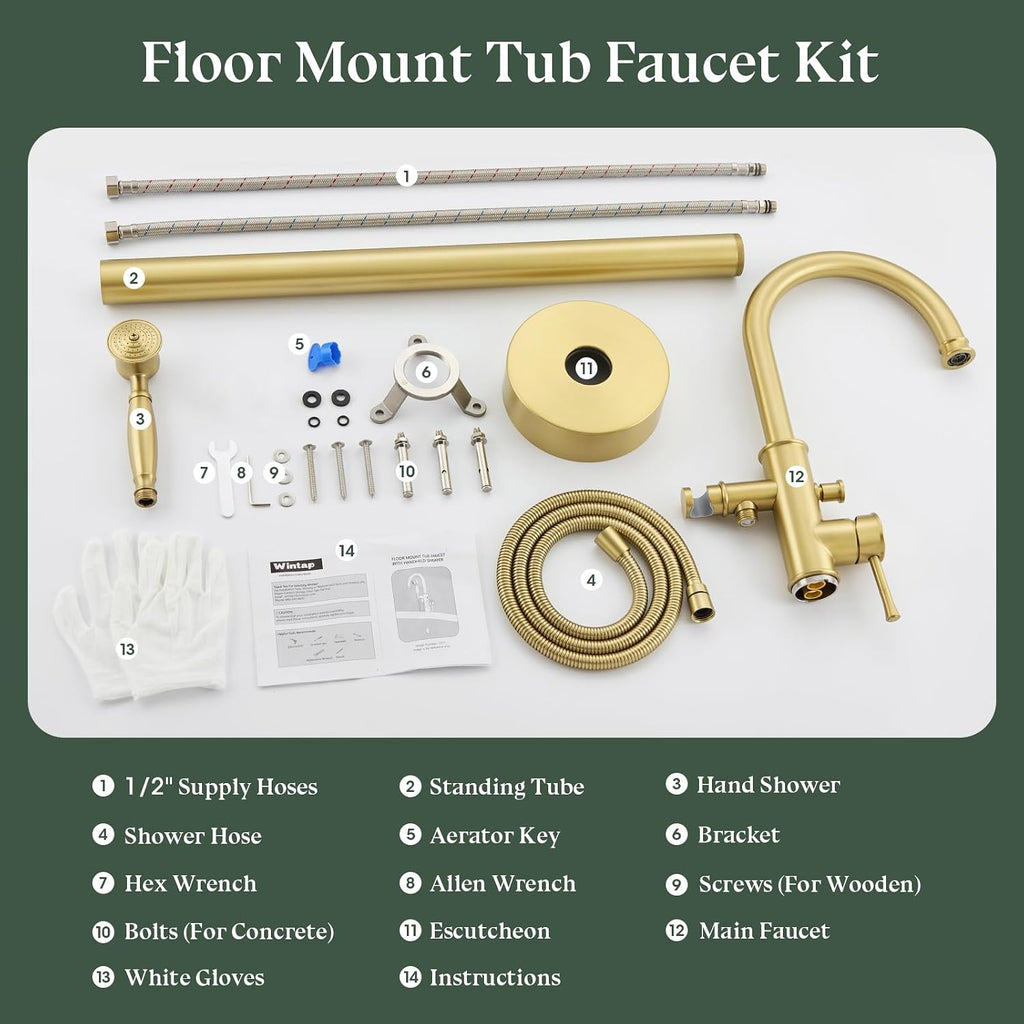 Free Standing Tub Faucet, Wintap Classic Freestanding Bathtub Faucet with Sprayer Brass Elegant Floor Mount Bath Faucets High Flow Roman Tub Filler, Brushed Gold （WT-3311BG）