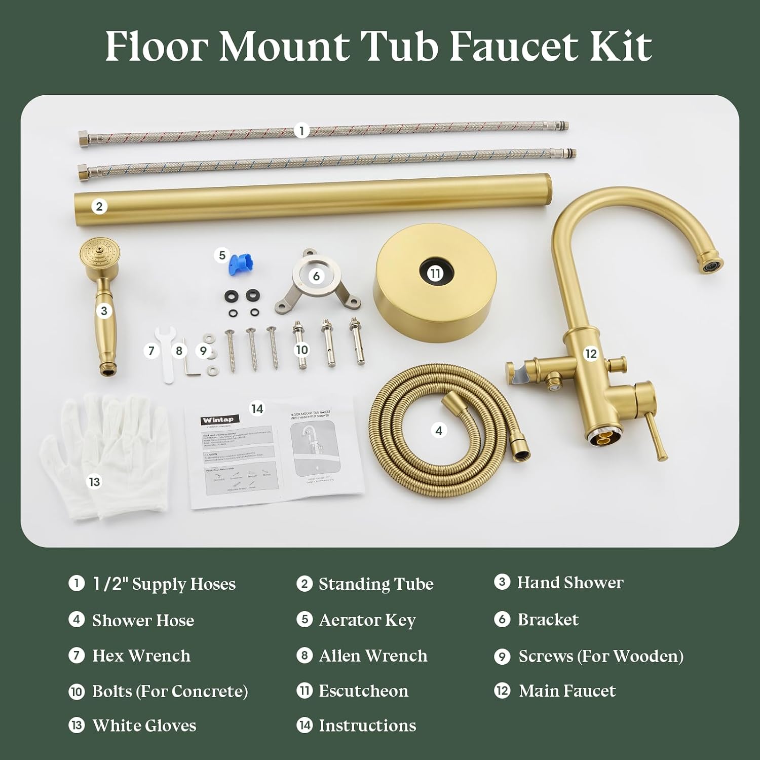 Free Standing Tub Faucet, Wintap Classic Freestanding Bathtub Faucet with Sprayer Brass Elegant Floor Mount Bath Faucets High Flow Roman Tub Filler, Brushed Gold （WT-3311BG）