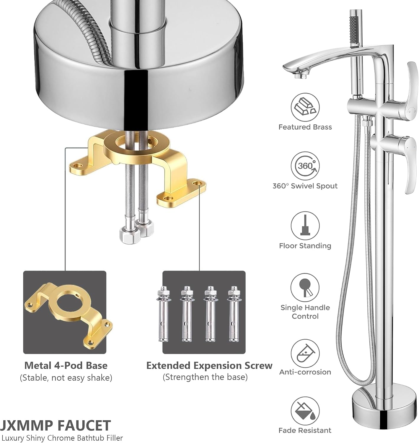 Free Standing Bathtub Faucets, Shiny Chrome Stainless Steel Floor Mount Tub Filler with 360 Rotating Spout and Hand Shower, High Flow Silver Faucet for Bath Tub JXM-F001CP