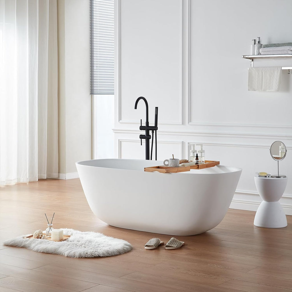 Cpingao 59' Solid Surface Freestanding Bathtub, Stone Resin Soaking Tubs, Stand Alone Tub with Pop-up Drain and Overflow, Matte White 8823A-1500
