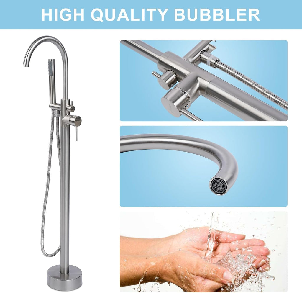 HAWKROWN Freestanding Bathtub Faucet, Floor Mount Bathtub Faucet with 2 Water Outlet Mode, Swivel Gooseneck Spout with Hand Shower, Brass Single Handle Tub filler, Max Flow Rate 7.4 GPM,Brushed Nickel