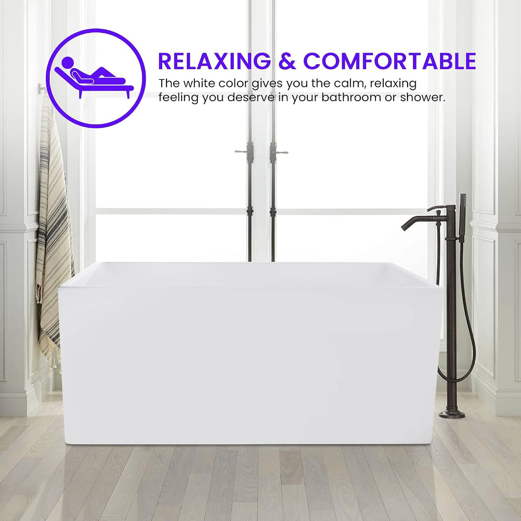 Vanity Art 47 x 29 Inch White Acrylic Freestanding Bathtub | Contemporary Design Soaking Tub with Polished Chrome Pop-up Drain and Slotted Overflow Included, UPC Certified VA6816B-XS