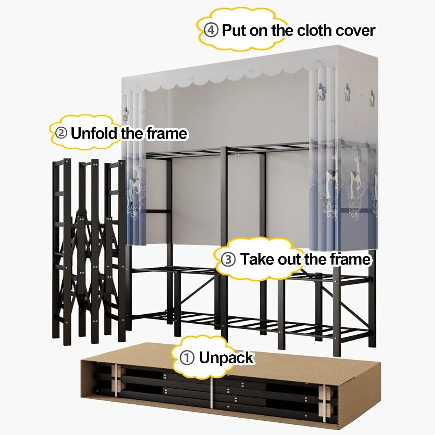 Foldable Wardrobe Closet For Hanging Clothing, Heavy Duty Clothes Rack With Cover, Metal Garment Rack, Covered Coat Armoire Storage For Bedroom(D,110X50X170cm)