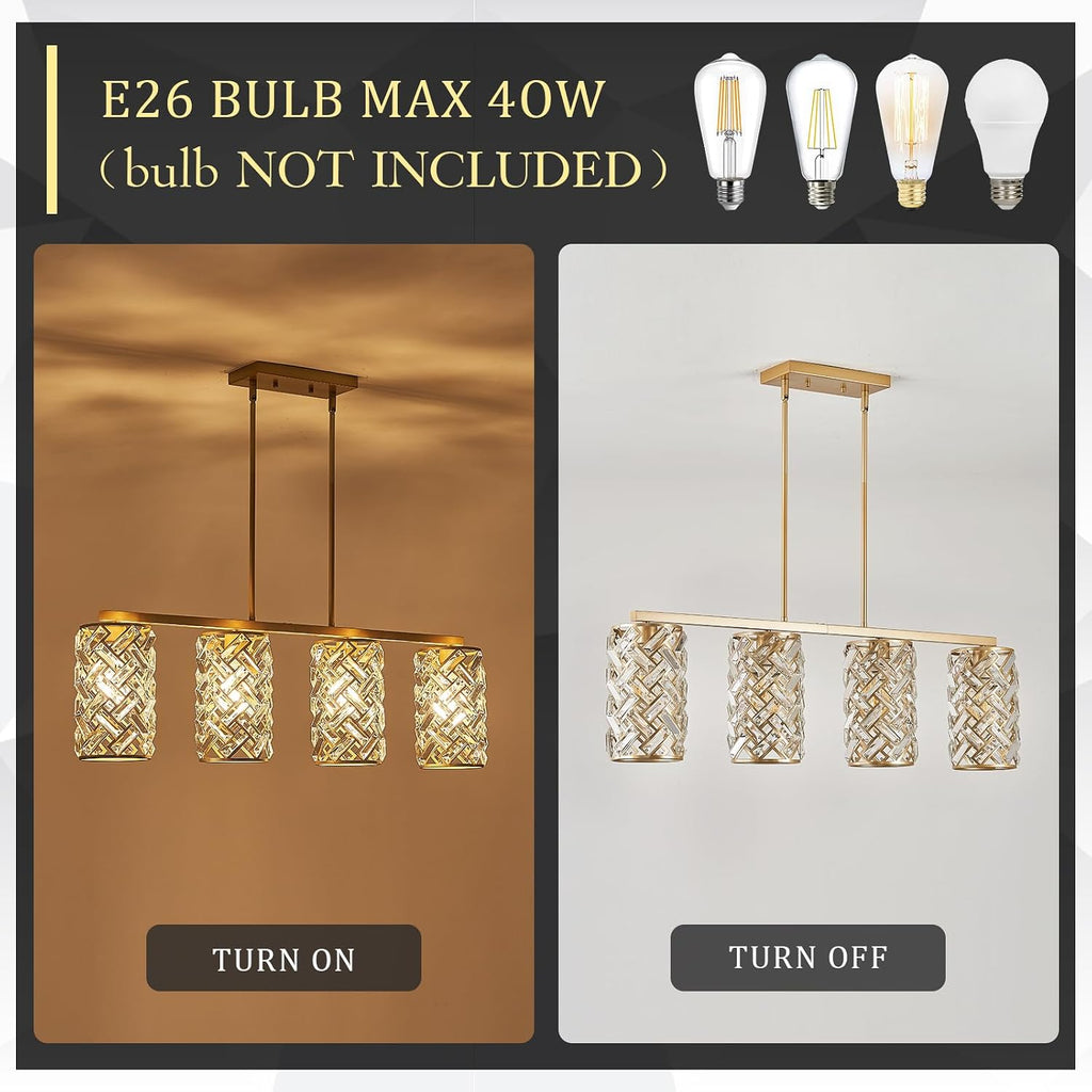 CATINER Gold Crystal Kitchen Island Lighting 40' Modern Linear Chandelier 4 Lights Ceiling Pendant Light Fixture Luxury for Kitchen Dining Room Living Room