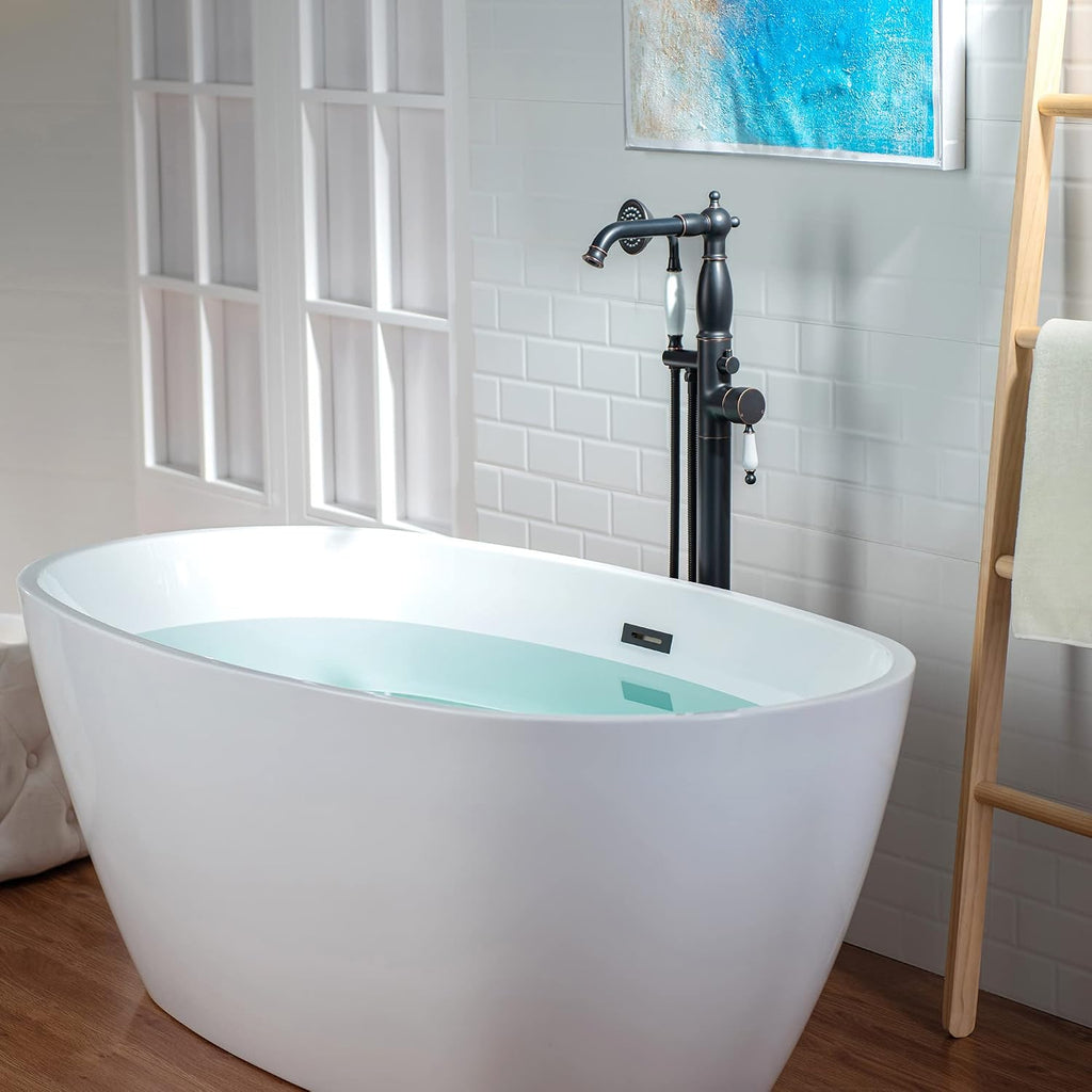 WOODBRIDGE Contemporary Single Handle Floor Mount Freestanding Tub Filler Faucet with Hand Shower in Oil Rubbed Bronze Finish