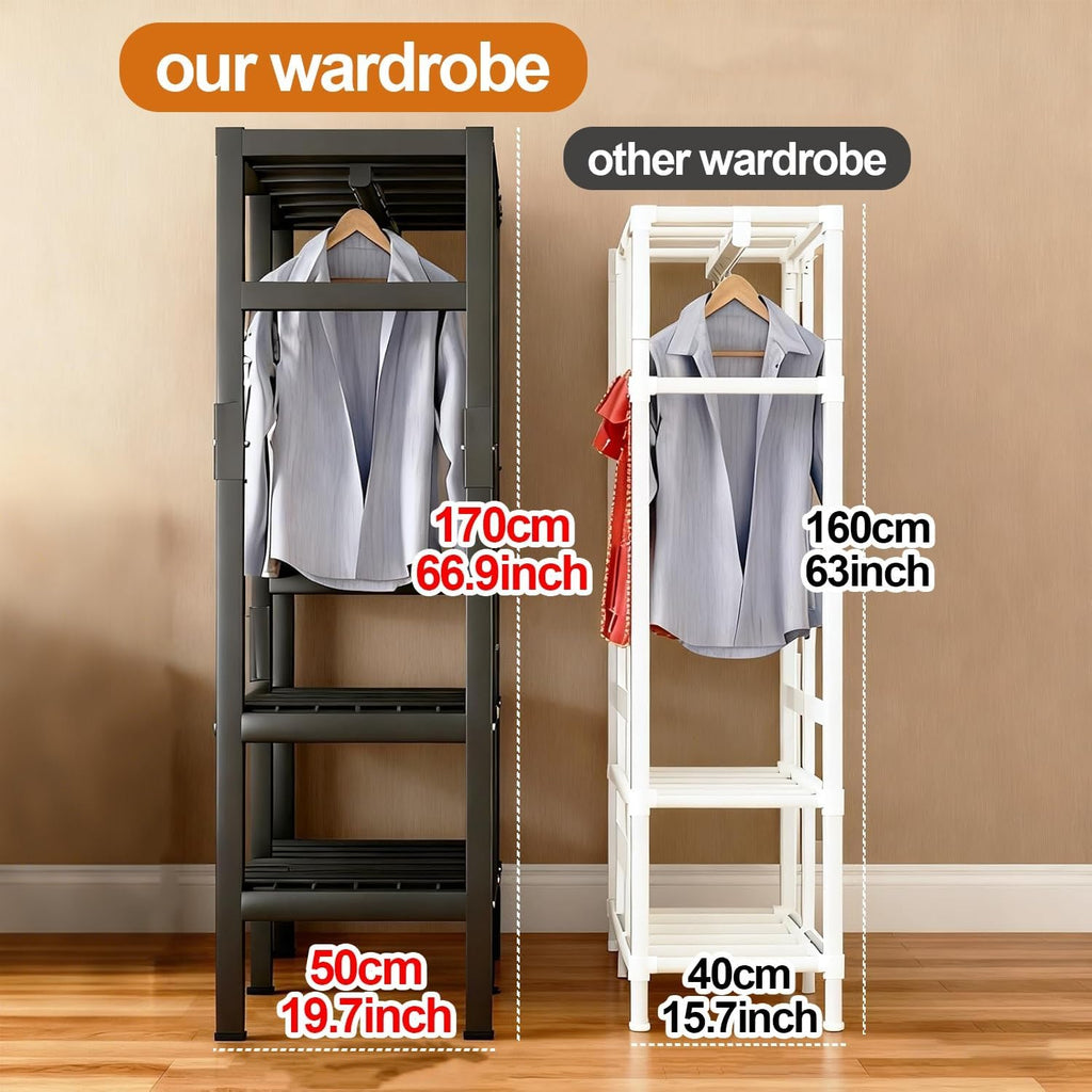 Foldable Wardrobe Closet For Hanging Clothing, Heavy Duty Clothes Rack With Cover, Metal Garment Rack, Covered Coat Armoire Storage For Bedroom(D,193X50X170cm)