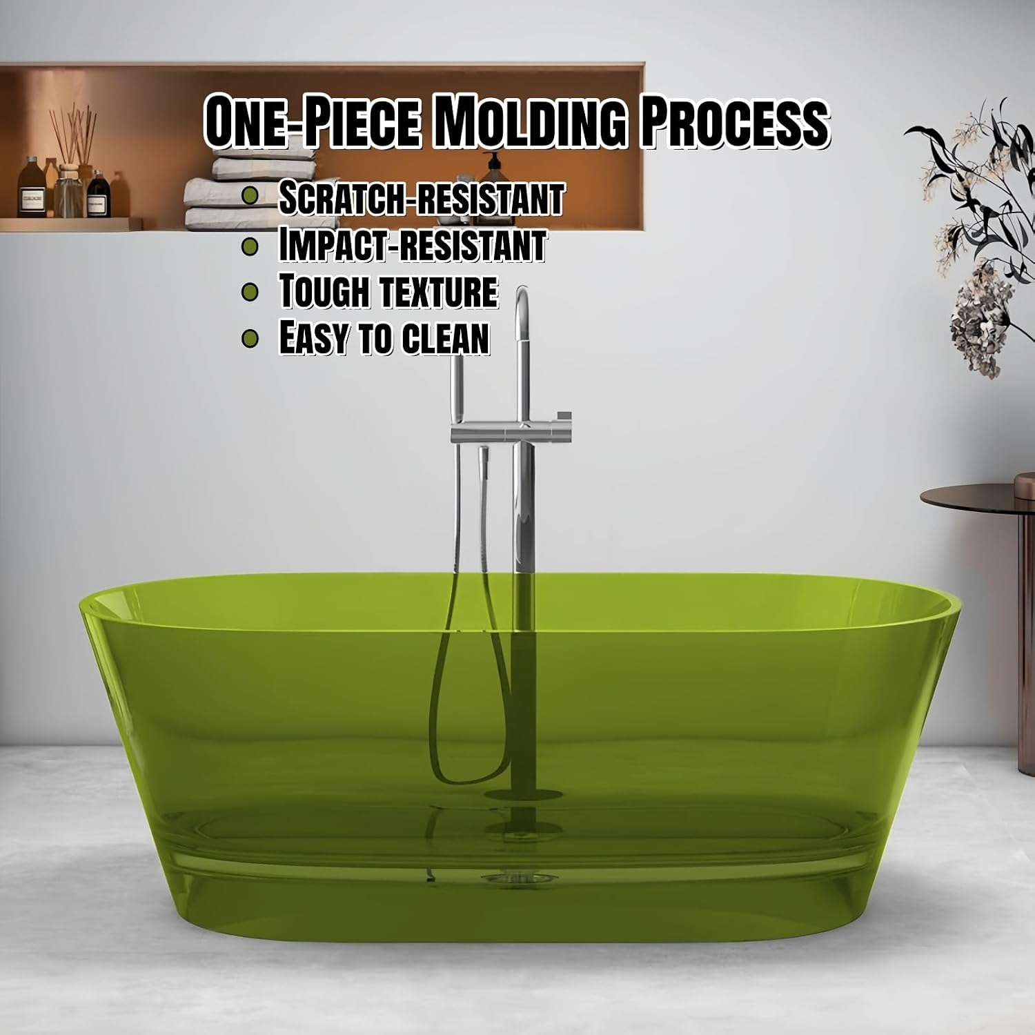 55' Edeyeu Freestanding Bathtub - Luxury Natural Resin Solid Surface Bathtub, Extra Deep Soaking Tub With Artistic Translucent Design, High-End Stand Alone Free Standing Tub Black