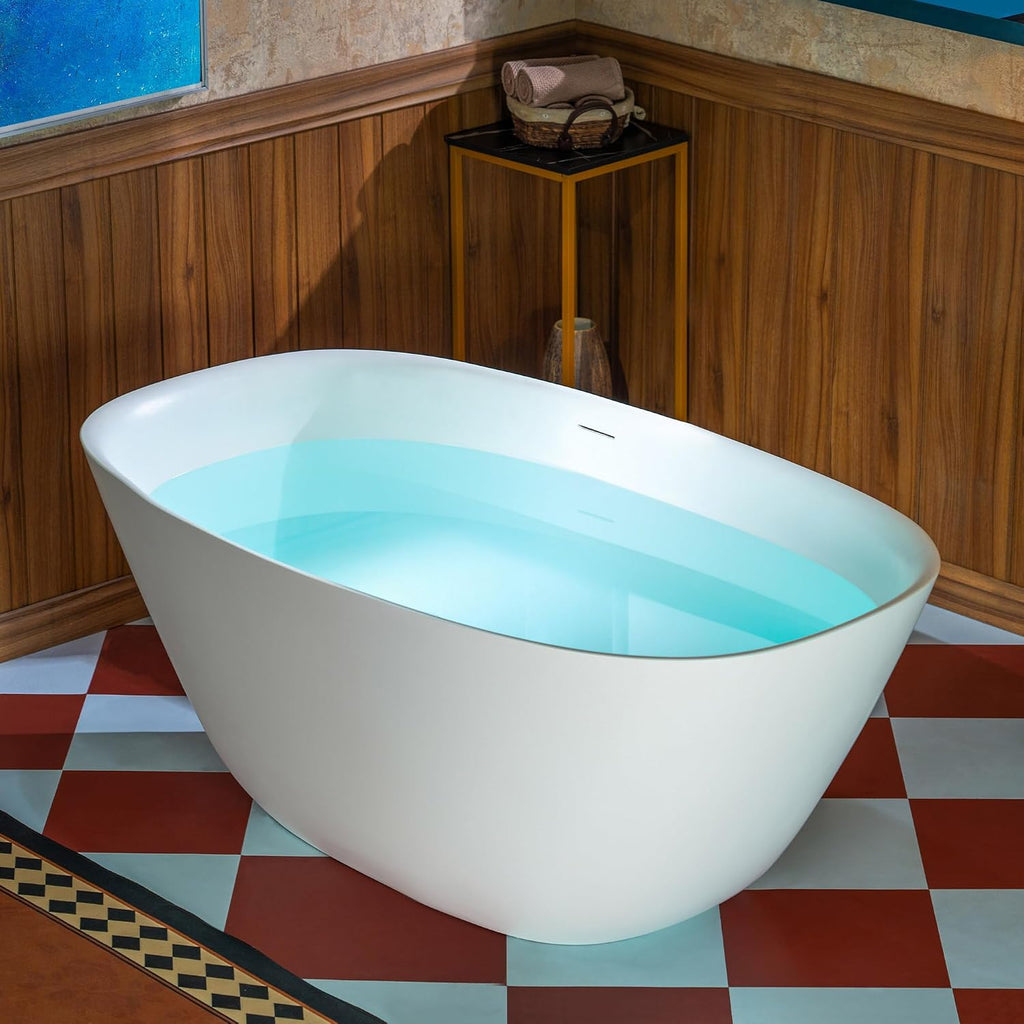 WOODBRIDGE 55 in. x 31.5 in. Stone Resin Luxury Contemporary Solid Surface Freestanding Bathtub in Matte White