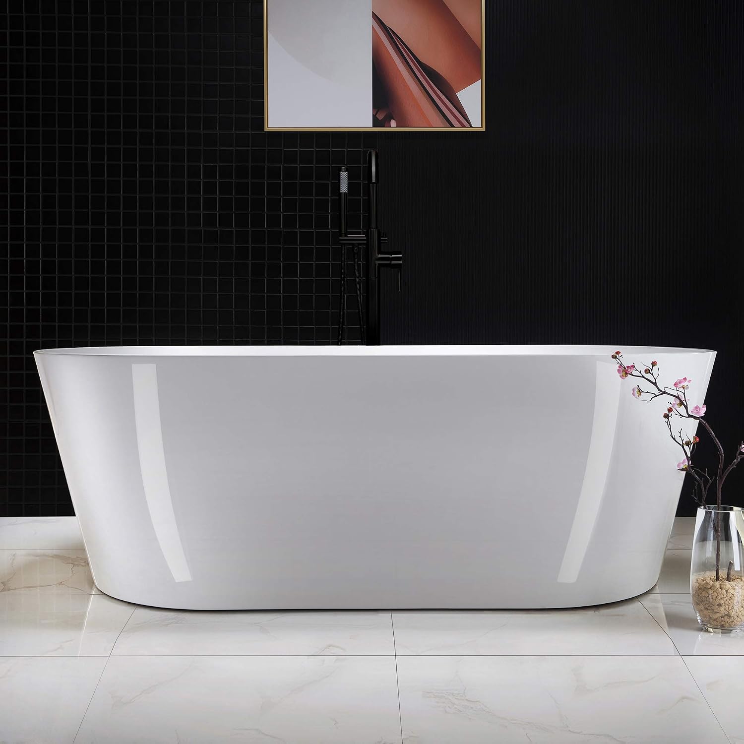 WOODBRIDGE 67' Acrylic Freestanding Bathtub Contemporary Soaking White Tub with Matte Black Overflow and Drain，B0013-MB