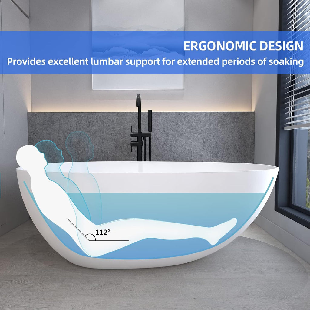 Cpingao Solid Surface Freestanding Bathtub 63 inch, Egg Shell Shaped Stone Resin Freestanding Tubs, Contemporary Oval Soaking Tub with Overflow and Pop-up Drain, Matte White 8802-1600