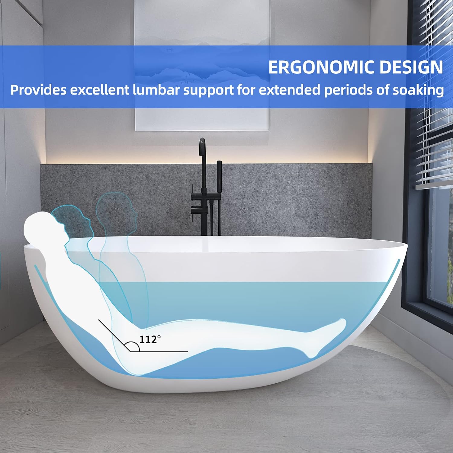 Cpingao Solid Surface Freestanding Bathtub 59 inch, Egg Shell Shaped Stone Resin Freestanding Tubs, Contemporary Oval Soaking Tub with Overflow and Pop-up Drain, Matte White 8802-1500