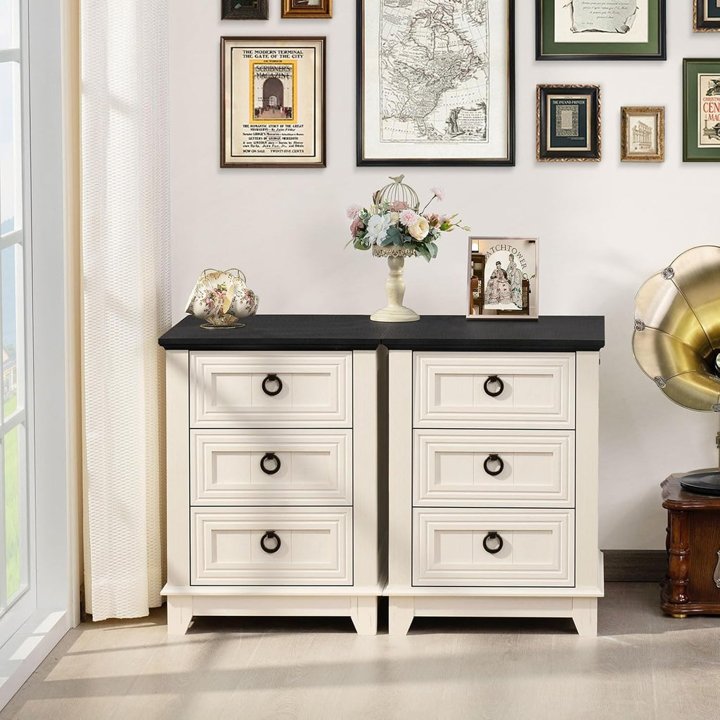 Joaxswe Farmhouse Night Stand Set of 2, 18' End Table with 3 Drawer Metal Handle, Dresser for Bedroom, Sofa Bed Side Table Chest of Drawers,Wood Nightstand Cabinet for Organizer, Living Room-White