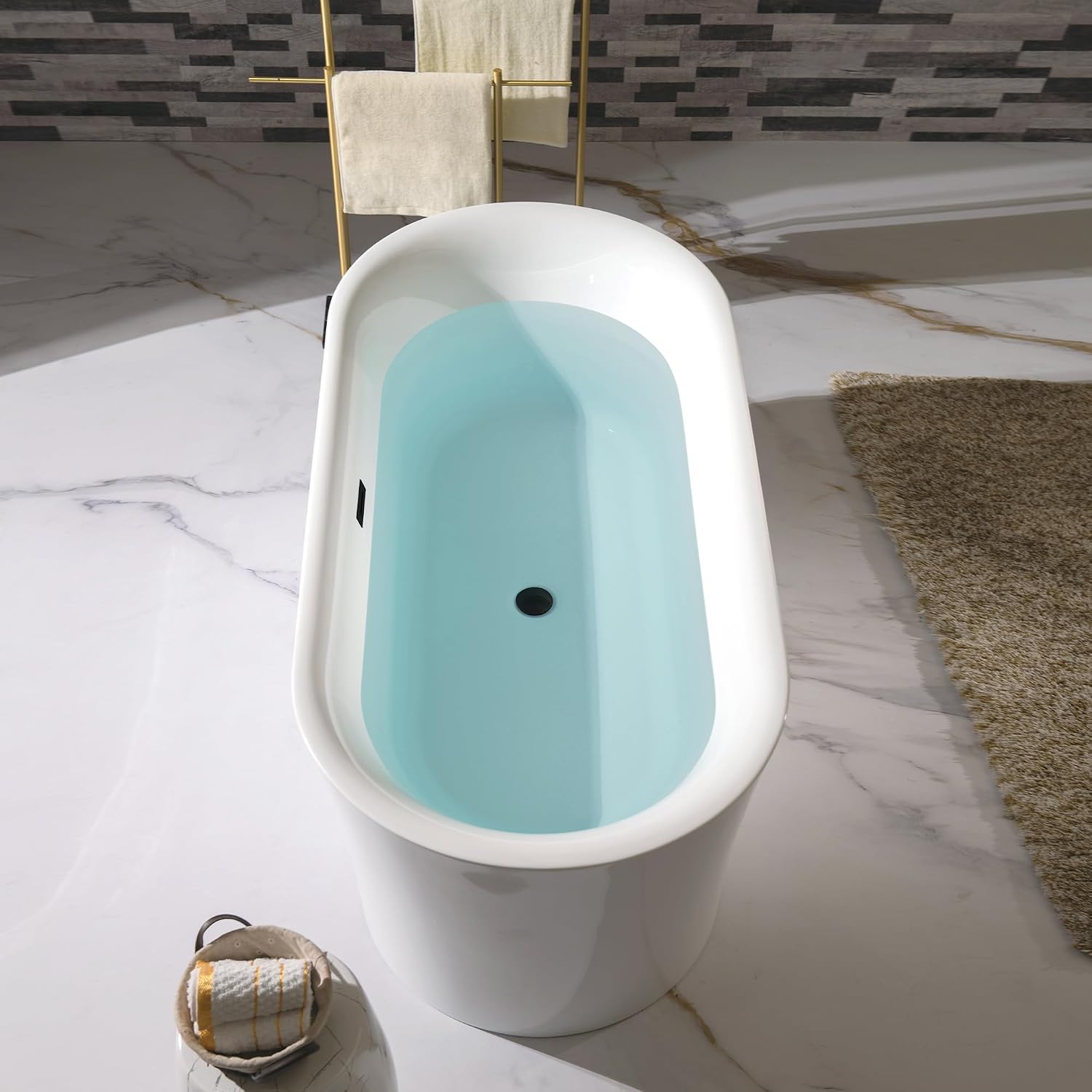 WOODBRIDGE 59' Acrylic Freestanding Bathtub Contemporary Soaking Tub with Matte Black Overflow and Drain,White Tub,B0058-MB