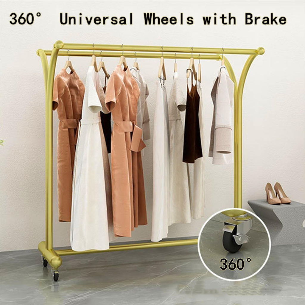 Heavy Duty Clothes Rack with Sturdy Wheels, Freestanding Metal Garment Rack for Hanging Clothes, Standing Rolling Clothing Rack for Retail Boutiques and Bedroom, Gold