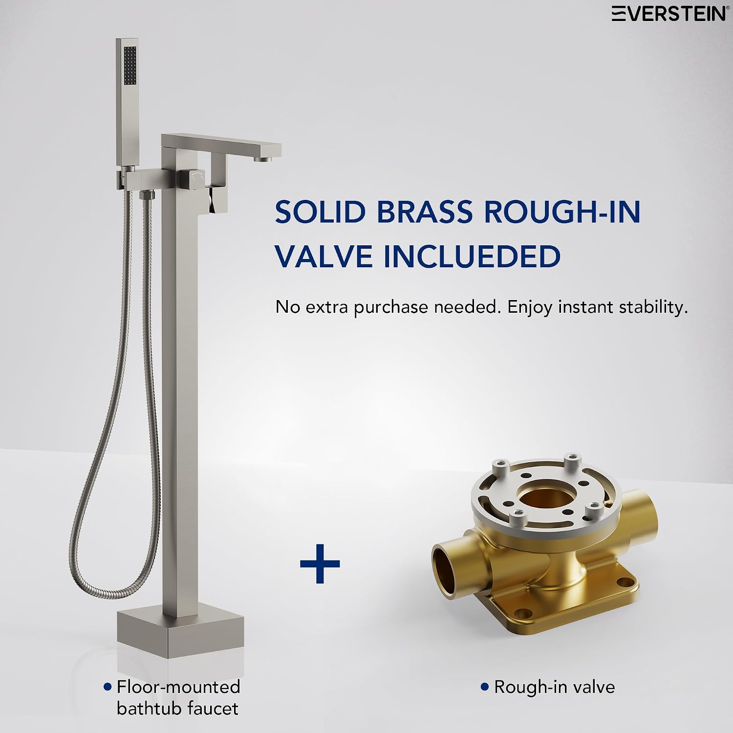 Freestanding Bathtub Faucet with Hand Held Shower, Floor Mount Tub Filler, Brass Bath Tub Faucet, Valve Included，Brushed Nickel