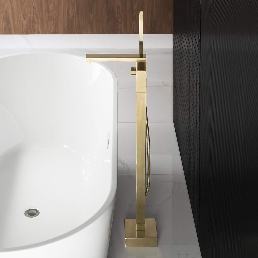 WOODBRIDGE F0008BG Contemporary Single Handle Floor Mount Freestanding Tub Filler Faucet with Hand Shower in Brushed Gold Finish