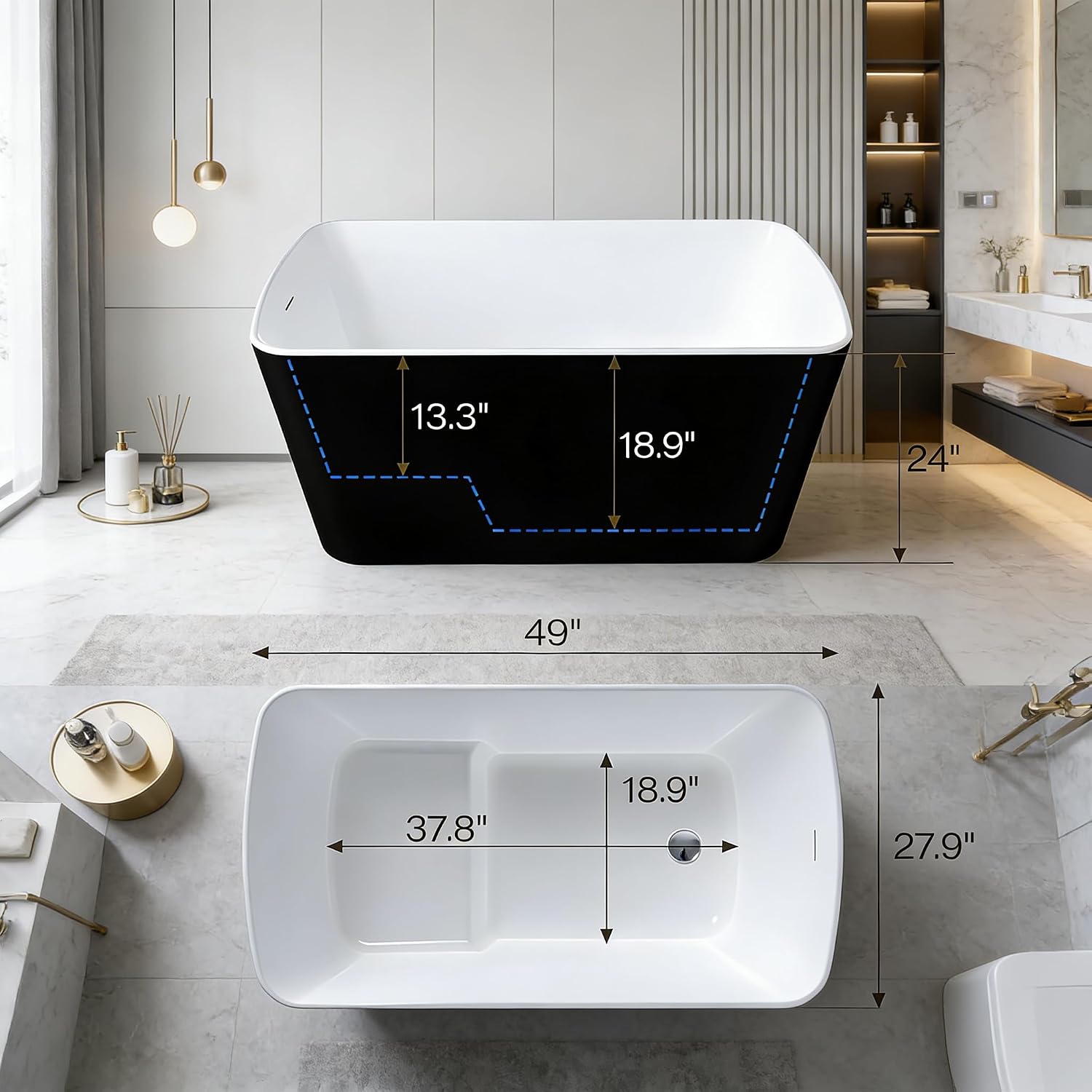 49 in Acrylic Freestanding Bathtub, Freestanding Soaking Bathtub with Double Wall Insulation, Ergonomic Deep Design, Matte Drain and Overflow, Easy Installation, Modern Bath Tub, CUPC Certified