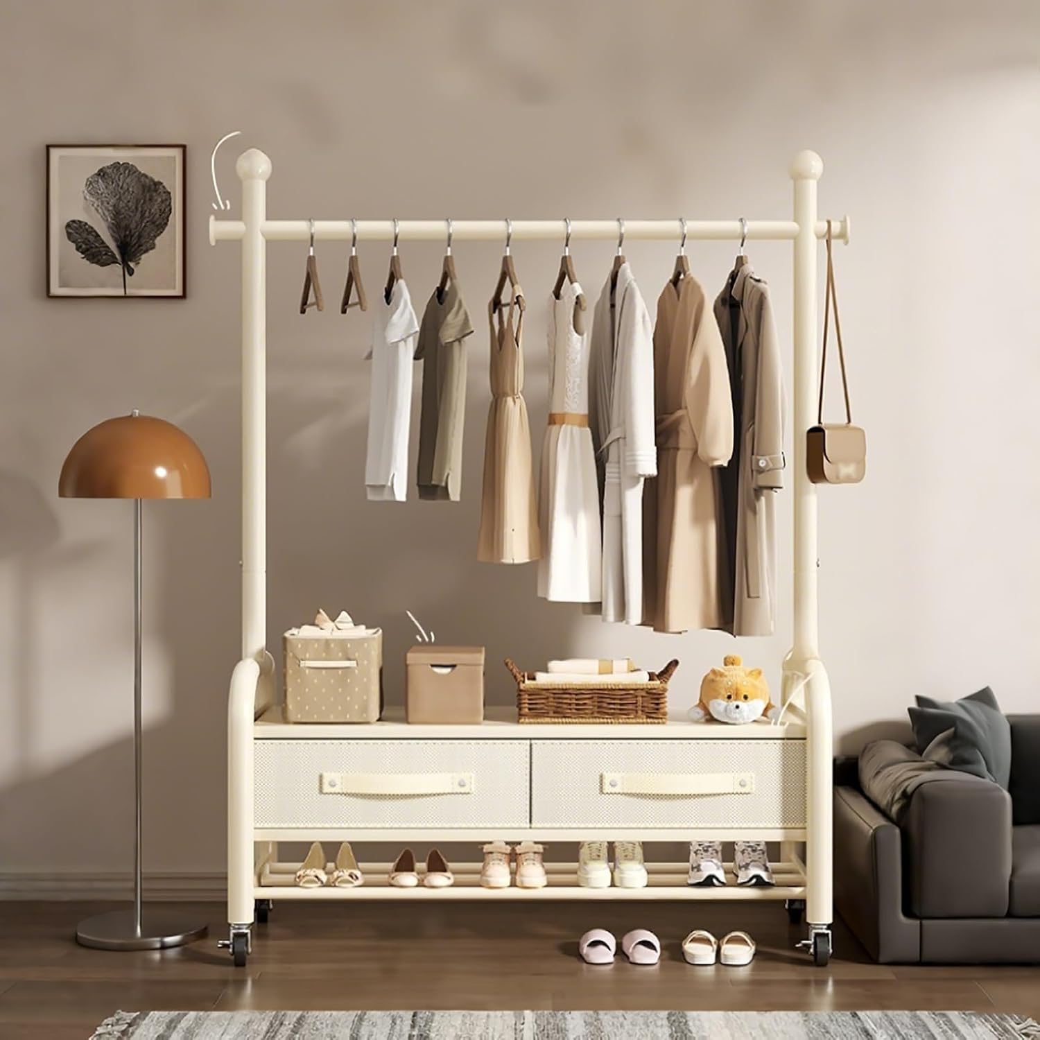 Heavy-Duty Clothes Rack With Wheels,Portable Metal Garment Rack With Storage Shelves And Coat/Hat Hooks,Freestanding Clothing Racks For Hanging Clothes,White(100cm(39.4in))
