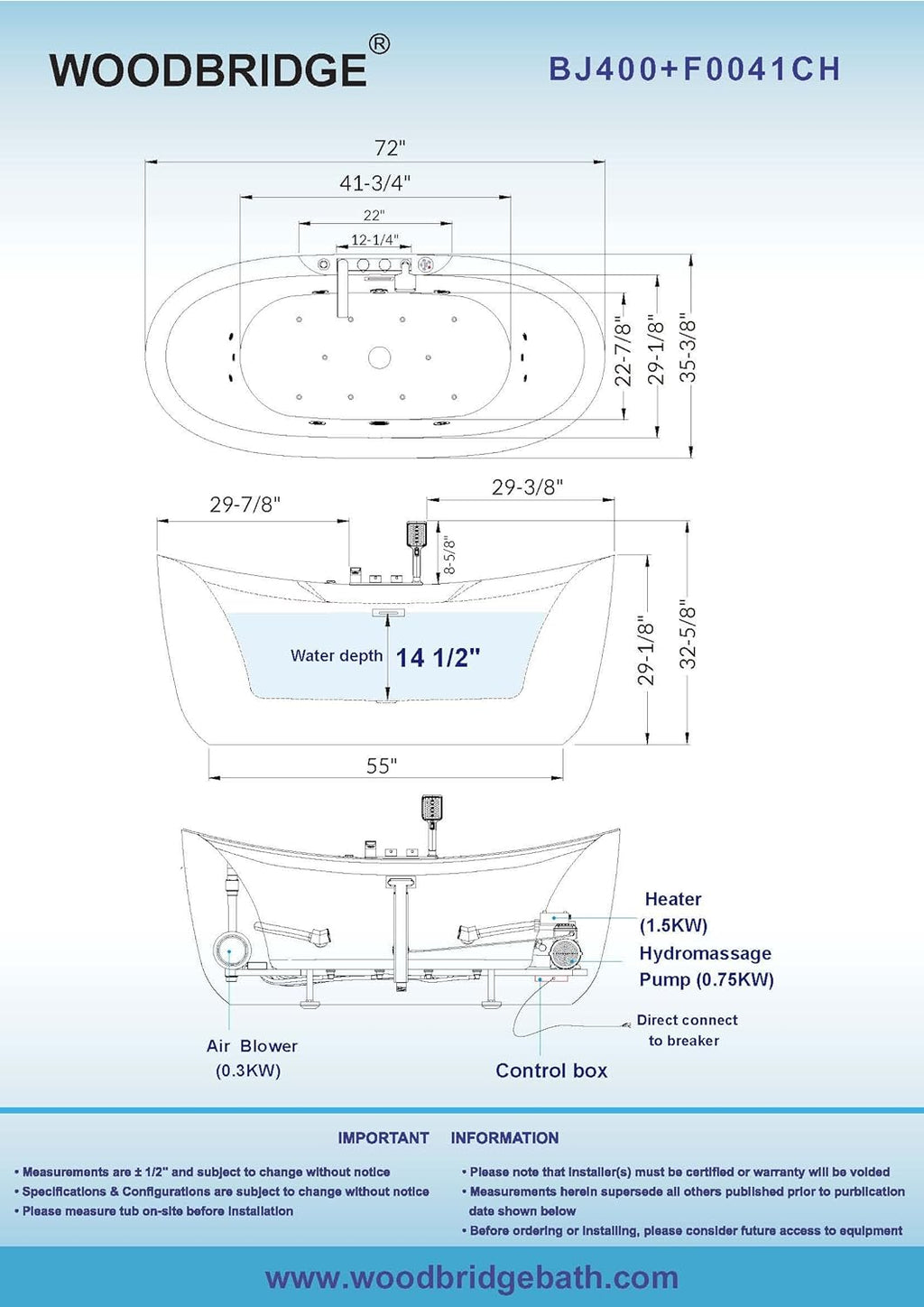 WOODBRIDGE 72' x 35-3/8' Whirlpool Water Jetted and Air Bubble Freestanding Heated Soaking Combination Bathtub wirh LED control panel and Faucet,BJ-400+F0041