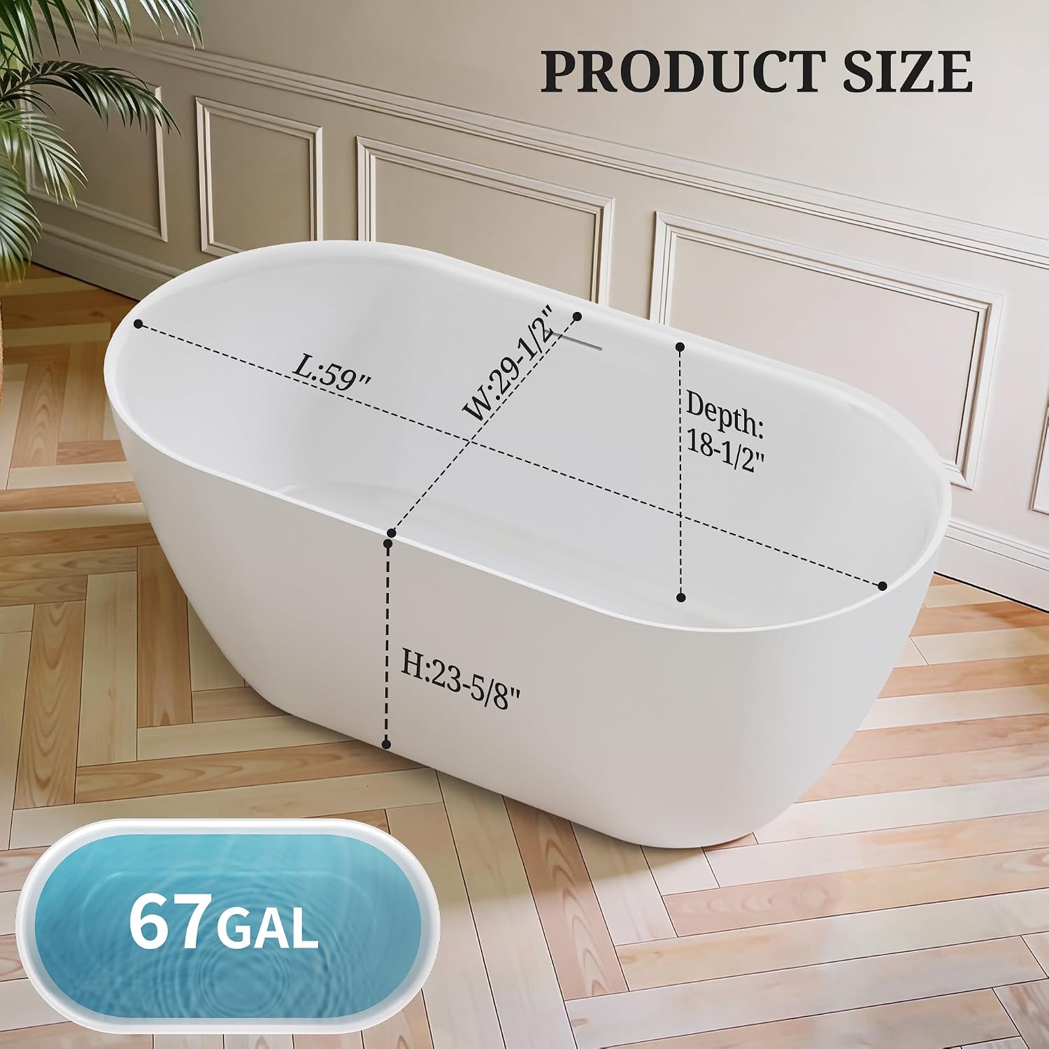 59' Freestanding Bathtub cUPC Certified, Acrylic Oval Deep Soaking Tub, Fiberglass Reinforced Stand Alone Bathtub with Integrated Overflow & Drain, Ergonomic Design, Glossy White Modern Bathroom Tub