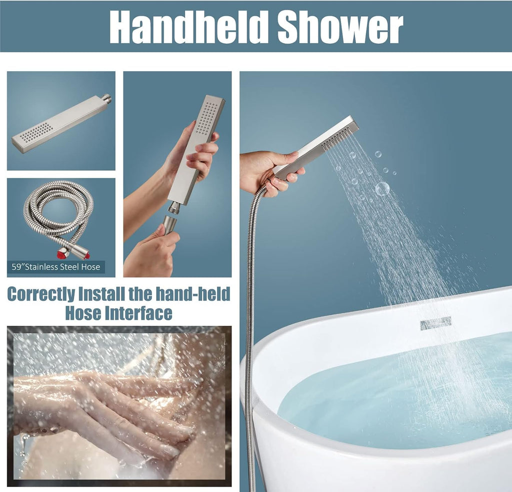 Aolemi Freestanding Tub Filler Brushed Nickel Floor Mount Bathtub Faucet Bathroom Waterfall Brass Tap Single Handle with Handheld Shower Swivel Spout