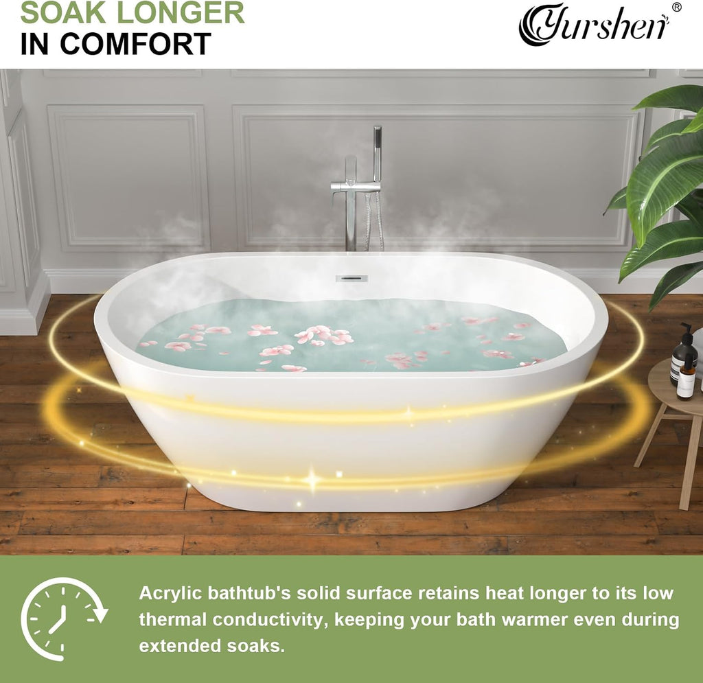 59 Inch Freestanding Acrylic Bathtub White Roll Top Soaking Tub with Smooth Curved Rim, Chrome Drain and Overflow, YSB9216
