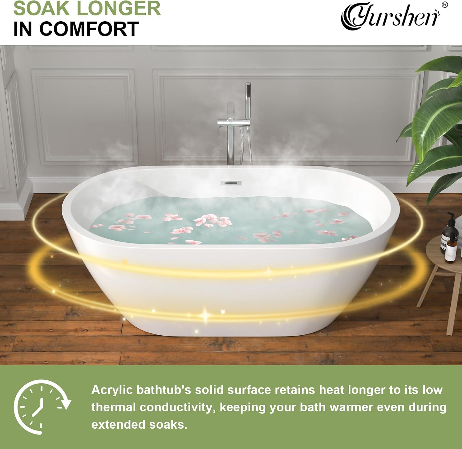 59 Inch Freestanding Acrylic Bathtub White Roll Top Soaking Tub with Smooth Curved Rim, Chrome Drain and Overflow, YSB9216