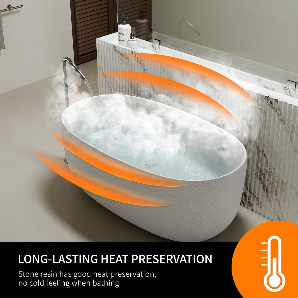 51' Stone Resin Freestanding Bathtub, Oval Shape Solid Surface Freestanding Tubs for Small Bathroom, Stand Alone Soaking Tubs with Integrated Slotted Overflow and Drain, Matte White