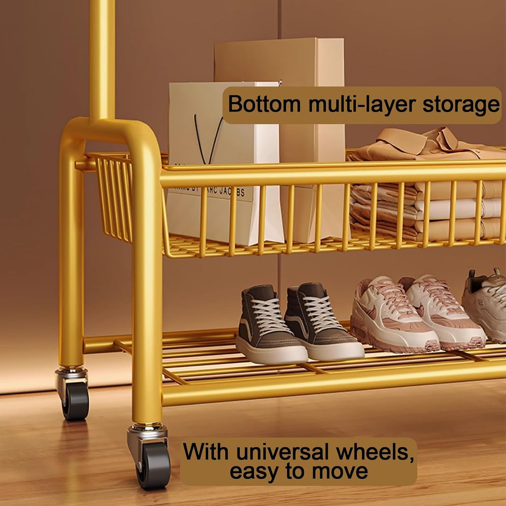 Clothes Rack With Storage Basket For Hanging Clothes,Rolling Heavy Duty Clothing Rack With Wheels,Metal Garment Racks With Coat/Hat Hooks,Freestanding Clothing Organizer(White,100cm(39.4in))