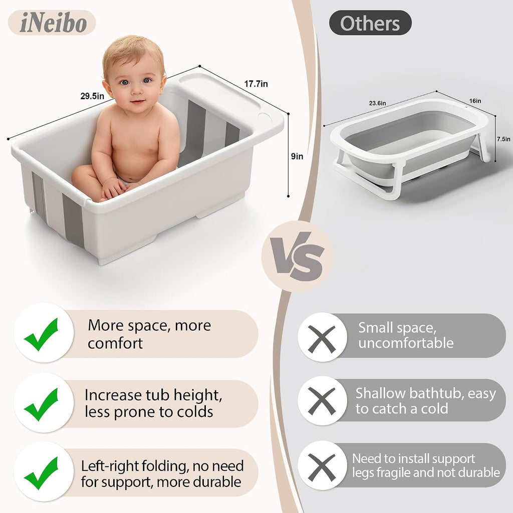 iNeibo Collapsible Baby Bathtub with Stand and Soft Infant Cushion - Suitable for 0-36 Months Toddlers - Back Pain Saving Design