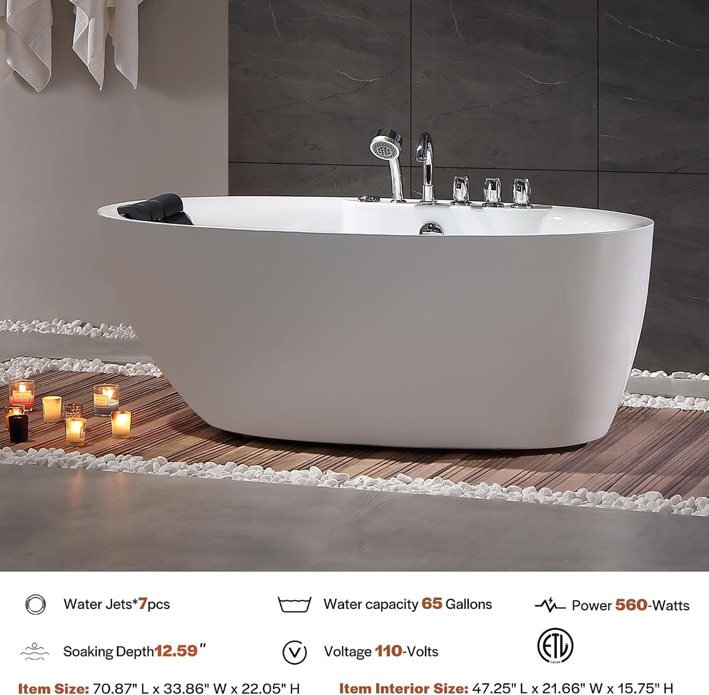Empava 71' Freestanding Whirlpool Bathtub - 560W Stand Alone Jetted Tub with 7 Hydromassage Nozzles,Large Recline Angle, Boat Shape, Acrylic,ETL Certified