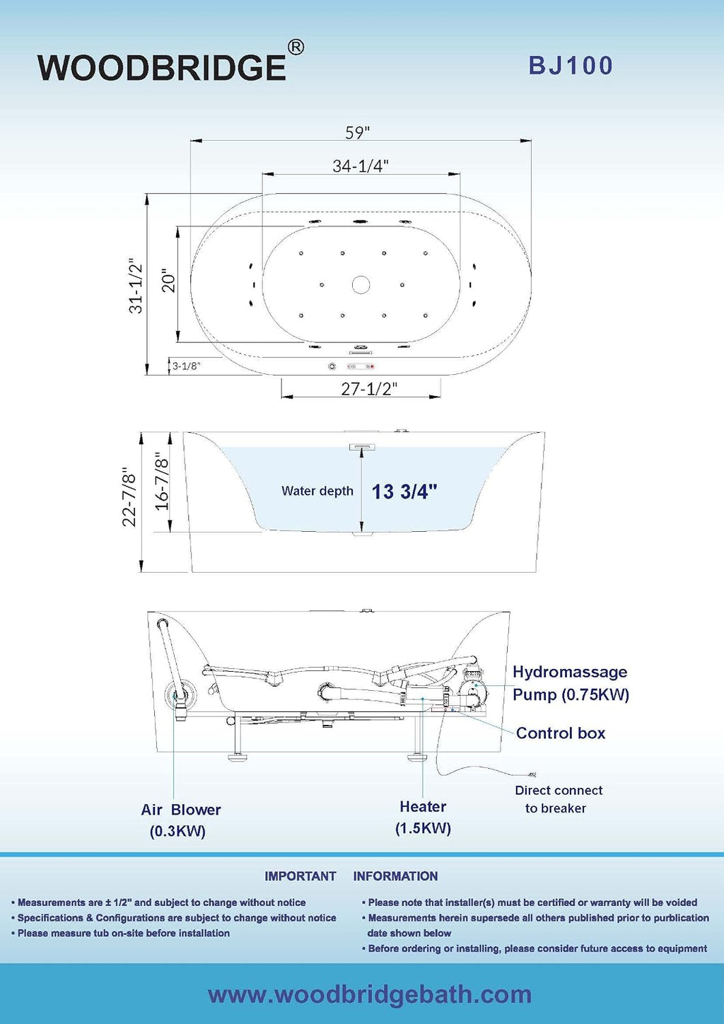 WOODBRIDGE 59' x 31-1/2' Whirlpool Water Jetted and Air Bubble Freestanding Heated Soaking Combination Bathtub with LED control panel, BJ100, White | Whirlpool Water Jetted, Air Bubble, Heated Soaking, LED Control Panel