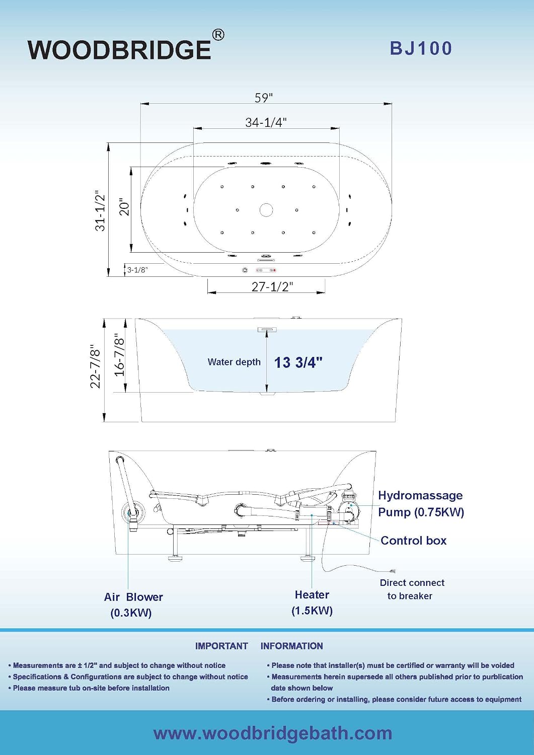 WOODBRIDGE 59' x 31-1/2' Whirlpool Water Jetted and Air Bubble Freestanding Heated Soaking Combination Bathtub with LED control panel, BJ100, White | Whirlpool Water Jetted, Air Bubble, Heated Soaking, LED Control Panel