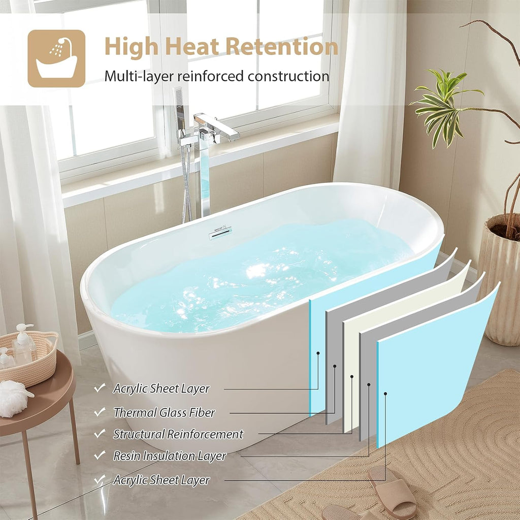 Vanity Art 54' x 30' Acrylic Freestanding Bathtub | Modern Stand Alone Soaking Tub with Overflow and Pop-up Drain, UPC Certified VA6815-XS-IO