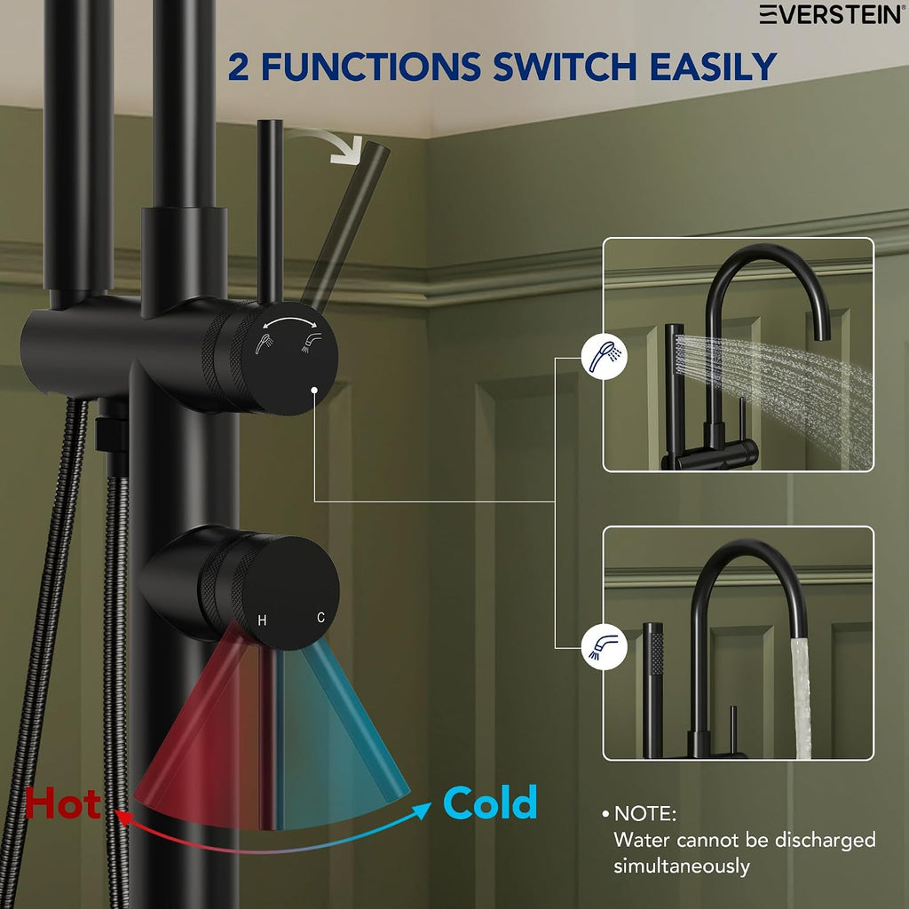 Freestanding Bathtub Faucet with Hand Held Shower, Floor Mount Tub Filler, Dual Handle Brass Bath Tub Faucet, Valve Included，Matte Black