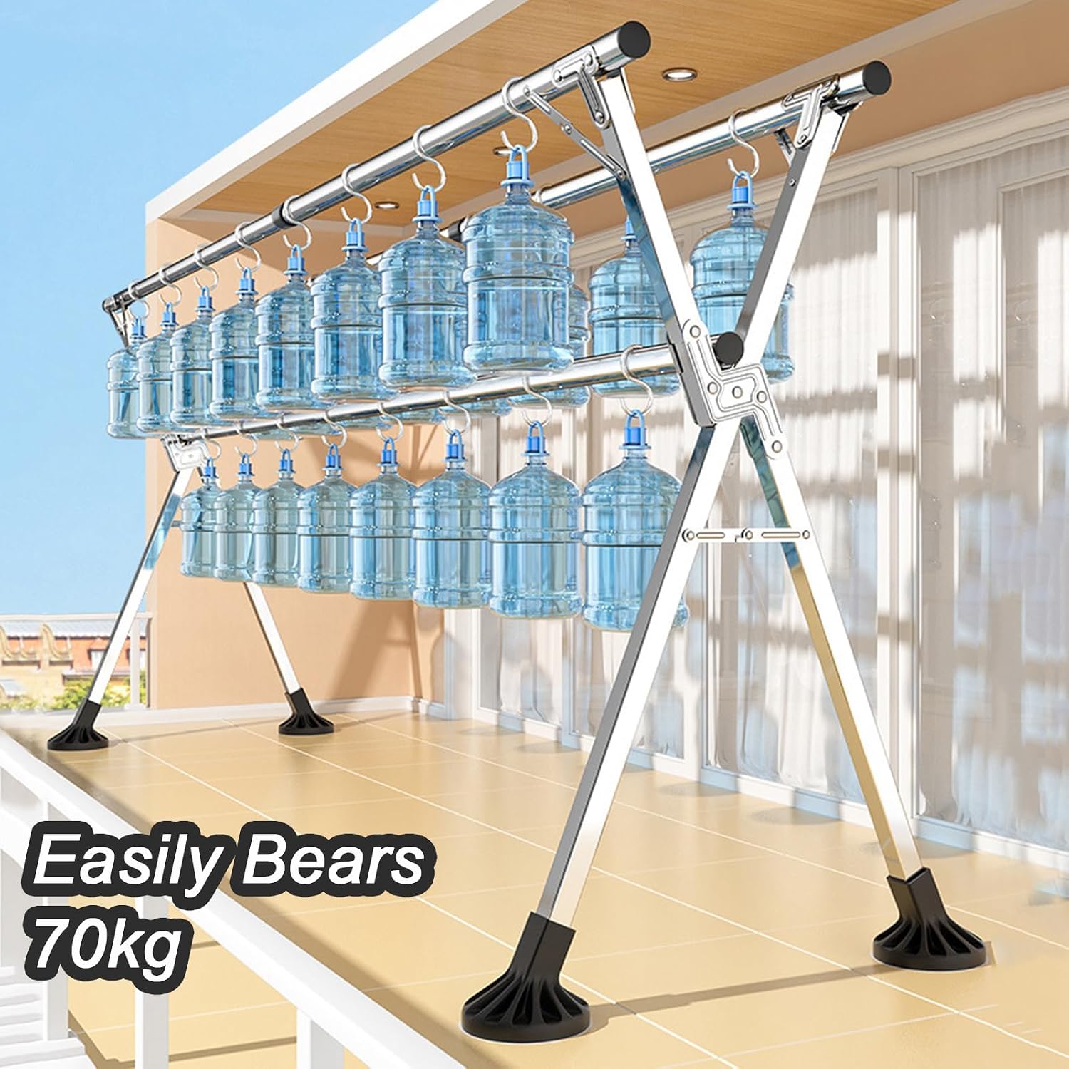 Upgraded Free Standing Clothes Rack Retractable, Foldable Drying Clothes Rack Heavy Duty Collapsible Garment Rack, 3 Poles Cloth Drying Rack with 20 Hooks and 12 Clips,1.35~2m (4.4~6.5ft)