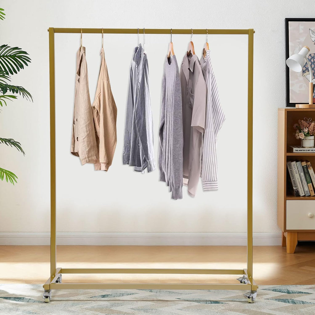 52.8' Boutiques Retail Gold Clothing Racks with Wheels, Rolling Garment Rack Clothing Store Hanger Storage Shelves,Commercial Closet