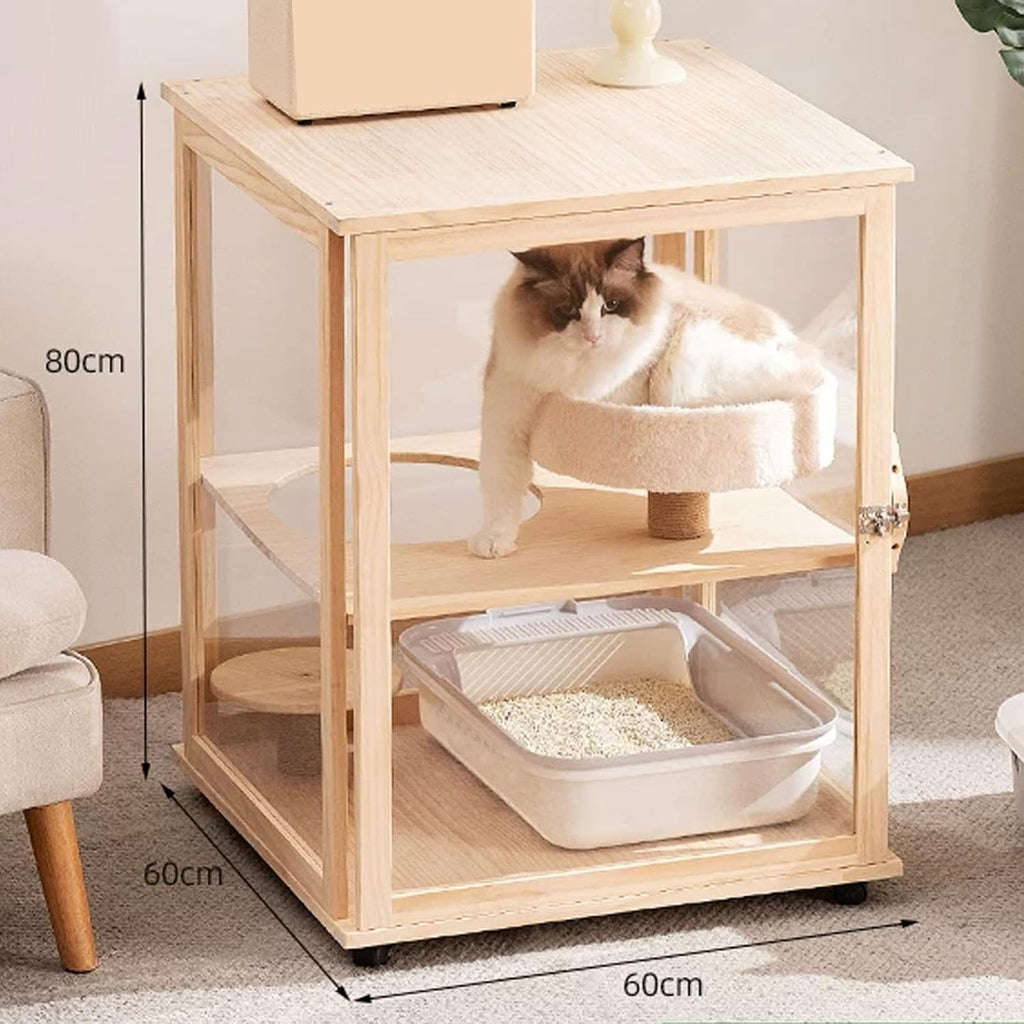 Cat Villa Wooden Cat Cage 4 Features Braked Casters and A Top Skylight Magnetic Cabinet Doors Suitable for 1-2 Cats Top Storage Space Cat Condo(60 * 60 * 80cm)