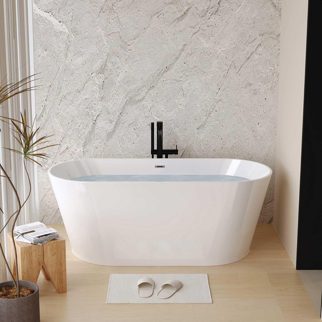 59' Oval Freestanding Soaking Bathtub with Toe-Tap Chrome Drain, Stand Alone Tub, Acrylic Soaking Tub, Ergonomic (Gloss White, 59')