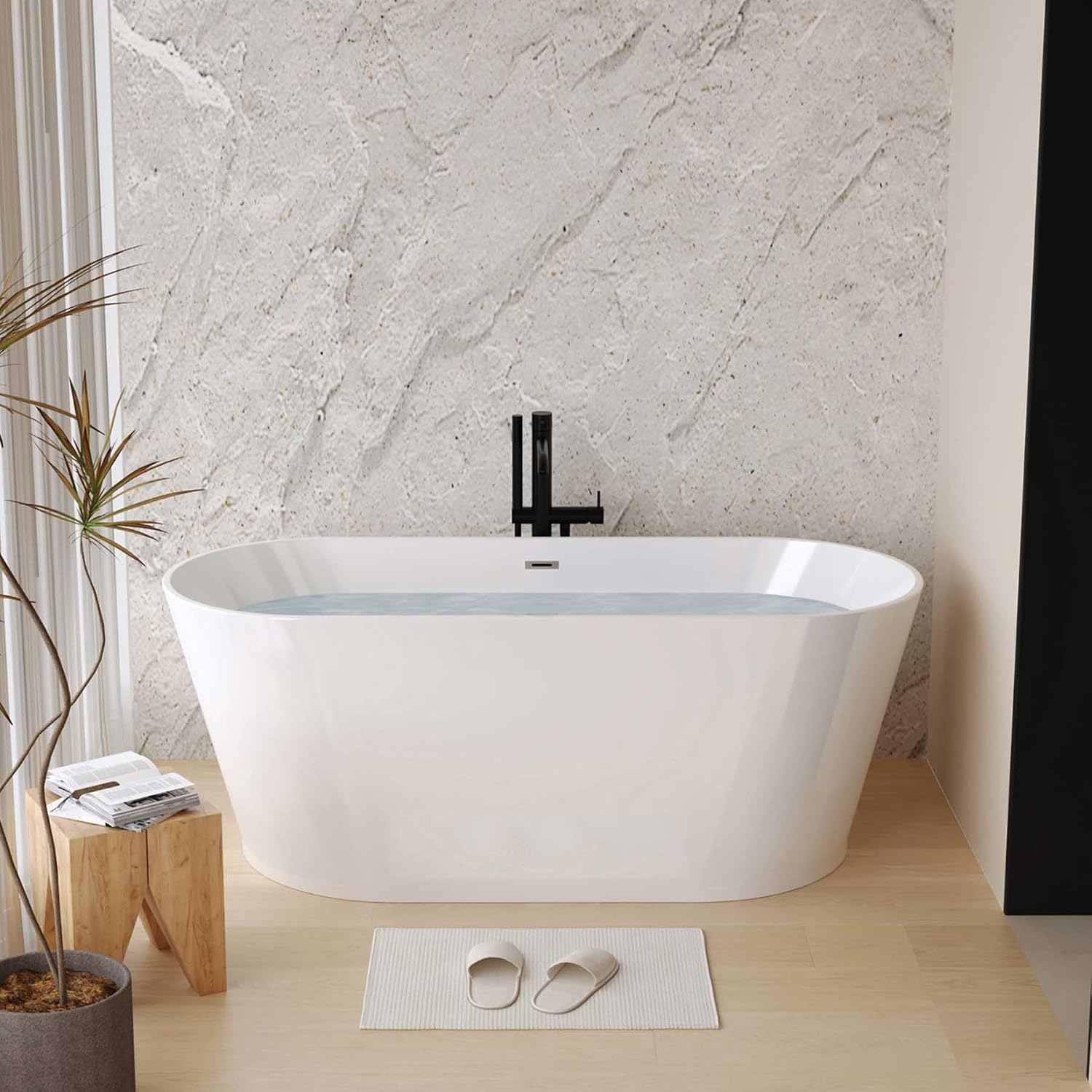 59' Oval Freestanding Soaking Bathtub with Toe-Tap Chrome Drain, Stand Alone Tub, Acrylic Soaking Tub, Ergonomic (Gloss White, 59')
