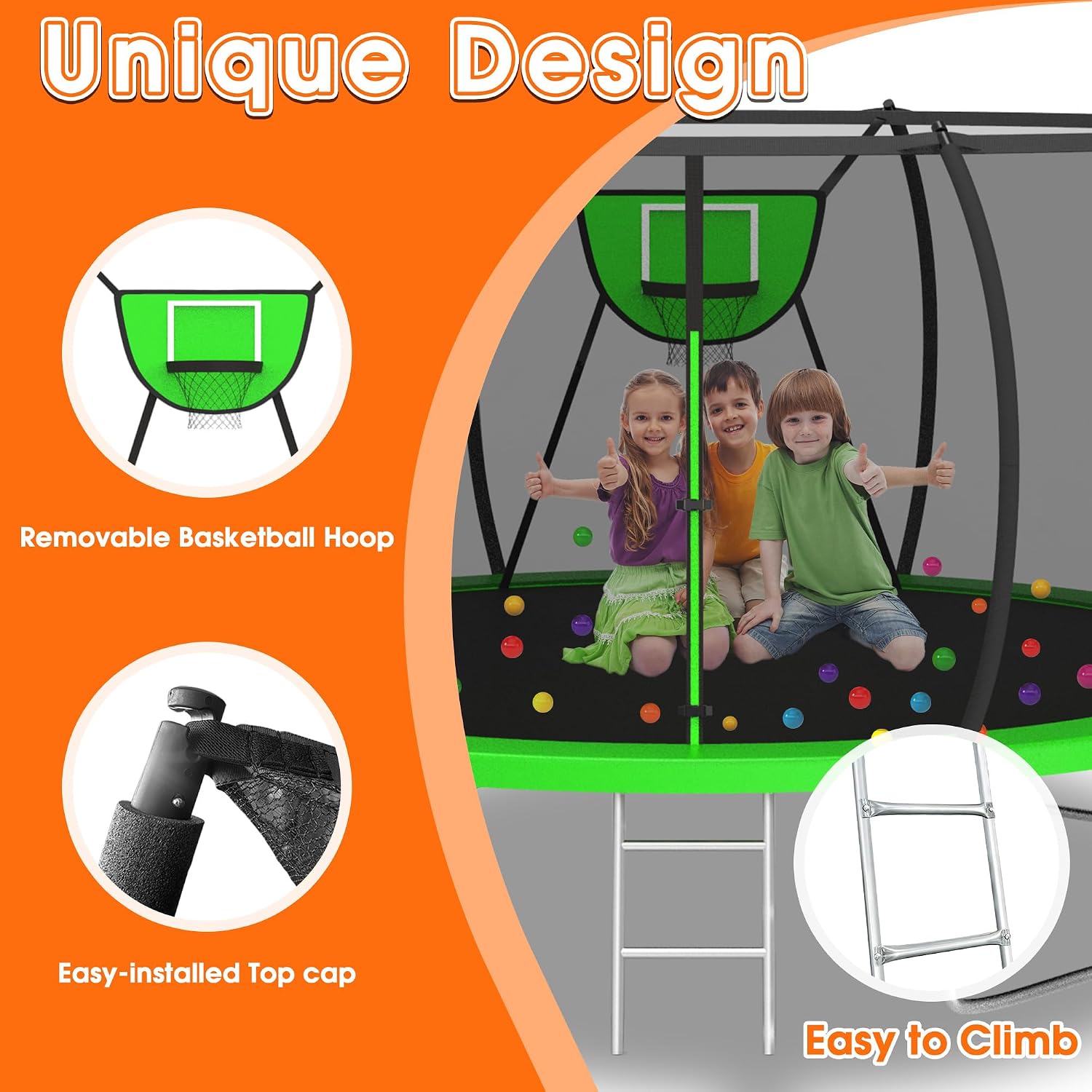 KOFUN 1500LBS 10/12/14FT Tranpoline Outdoor for Kids and Adults, Tranpolines with Net, Ladder, Recreational Tranpoline with Basketball Hoop Easy to Assemble - Curved Poles Larger Room, ASTM Approval