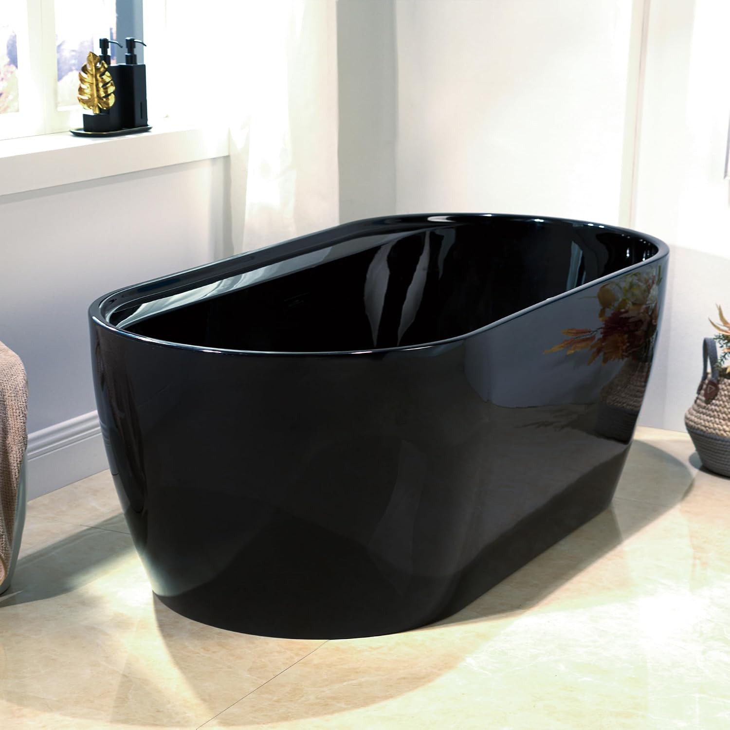 WOODBRIDGE 67' L x 31-1/2' W Freestanding Contemporary Acrylic Soaking Bathtub in Glossy Black Inside and Outside with Matte Black Drain & Overflow,B8863-MB