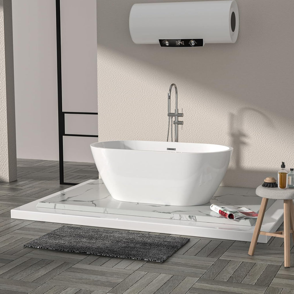Logmey 59 Inch White Acrylic Freestanding Bathtub with Overflow Oval Shape Soaking Tub for Classic and Modern Bathrooms Chrome, Drain & Overflow Assembly Included