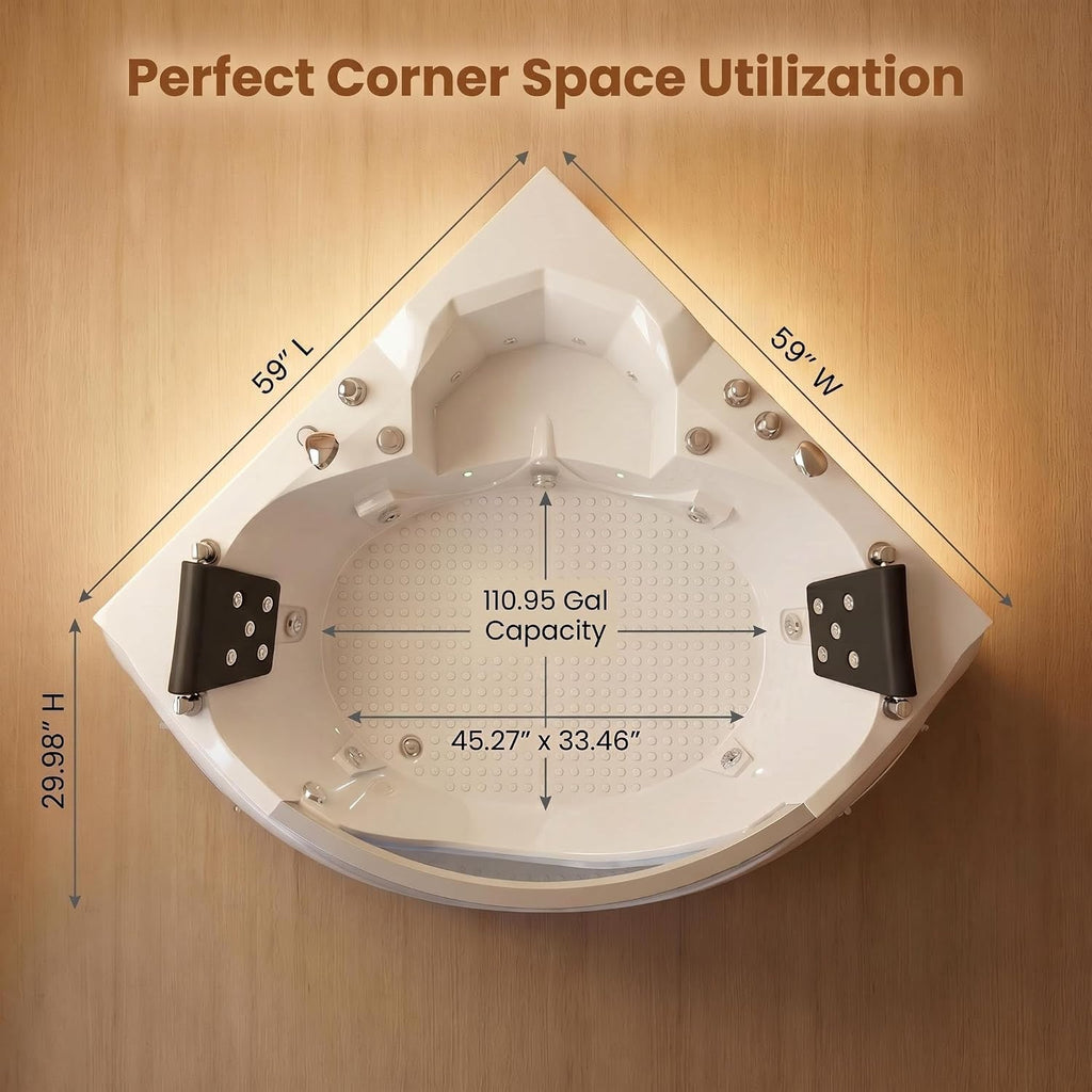 59' Corner Whirlpool Bathtub with 20 Multi-Directional Jets, 110-Gallon Capacity & LED Chromotherapy Ambient Lighting for Spa-Like Relaxation,Milk White